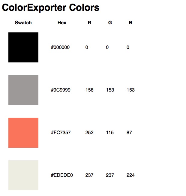 Color Exporter generated HTML